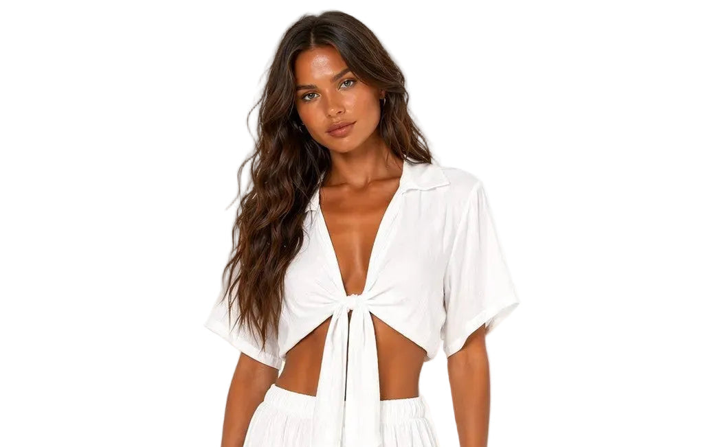 Sun & Salt Tie-Front Crop Top – Lightweight Resort Blouse | White & Black -LMT3904 - Casual Tropical Wear
