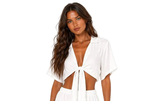 Sun & Salt Tie-Front Crop Top – Lightweight Resort Blouse | White & Black -LMT3904 - Casual Tropical Wear