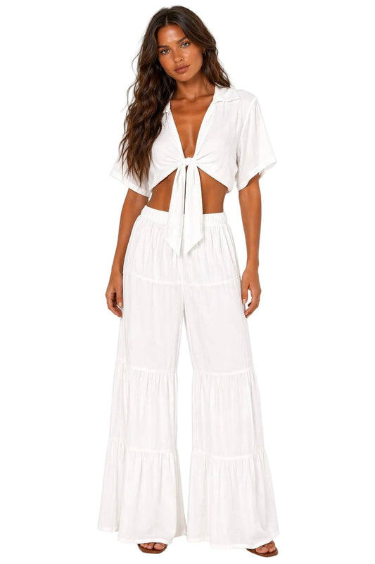 Sun & Salt Tie-Front Crop Top – Lightweight Resort Blouse | White & Black -LMT3904 - Casual Tropical Wear