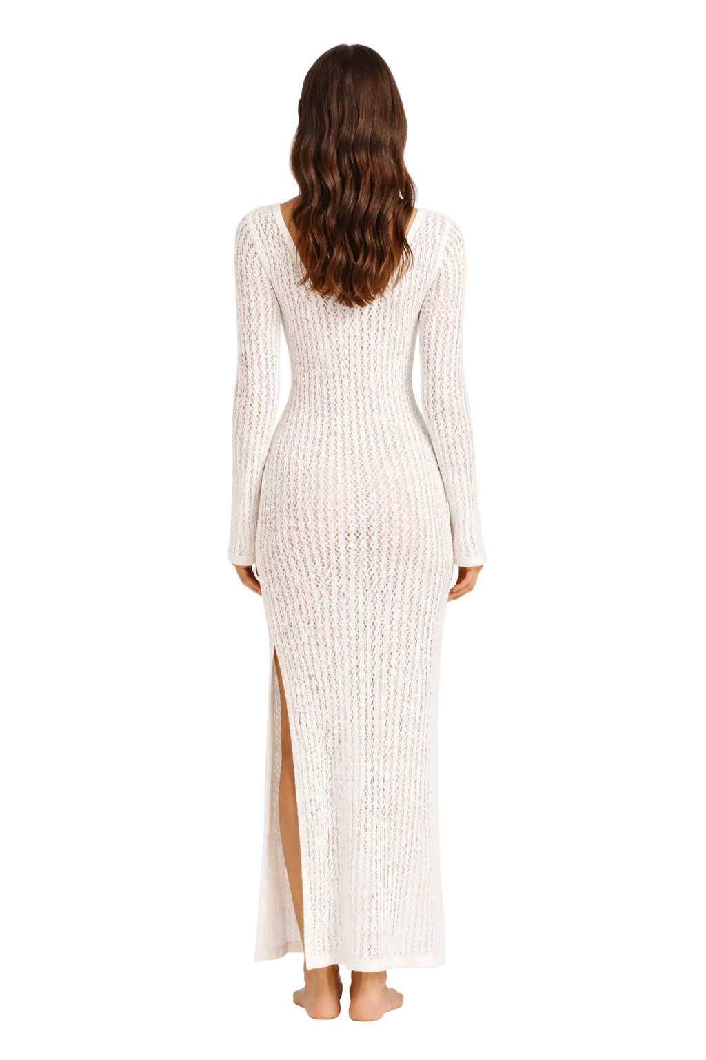 White Crochet Maxi Cover-Up Dress – Long Sleeve Beachwear | Island Goddess Collection - LMT3917 - Casual Tropical Wear