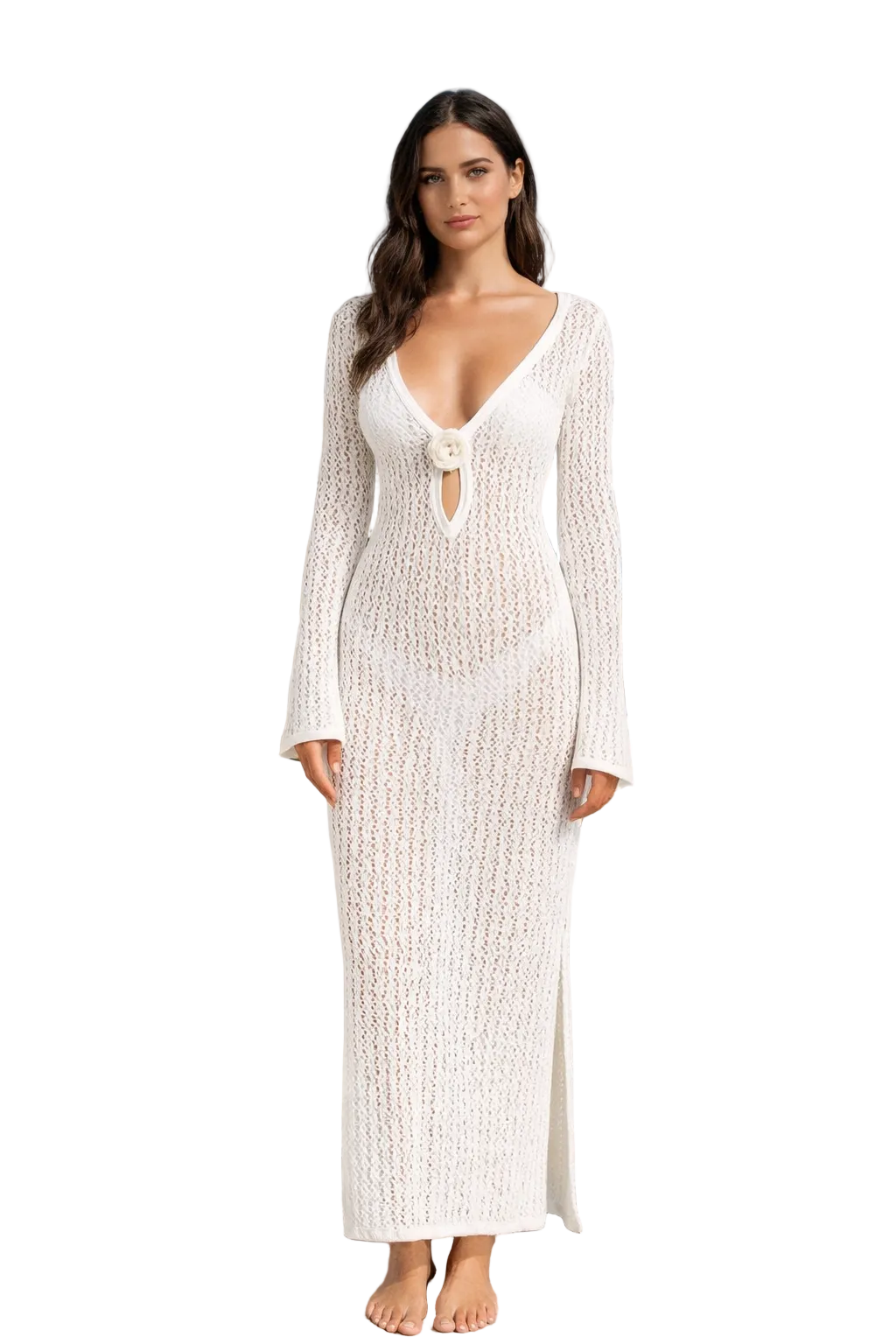 White Crochet Maxi Cover-Up Dress – Long Sleeve Beachwear | Island Goddess Collection - LMT3917 - Casual Tropical Wear
