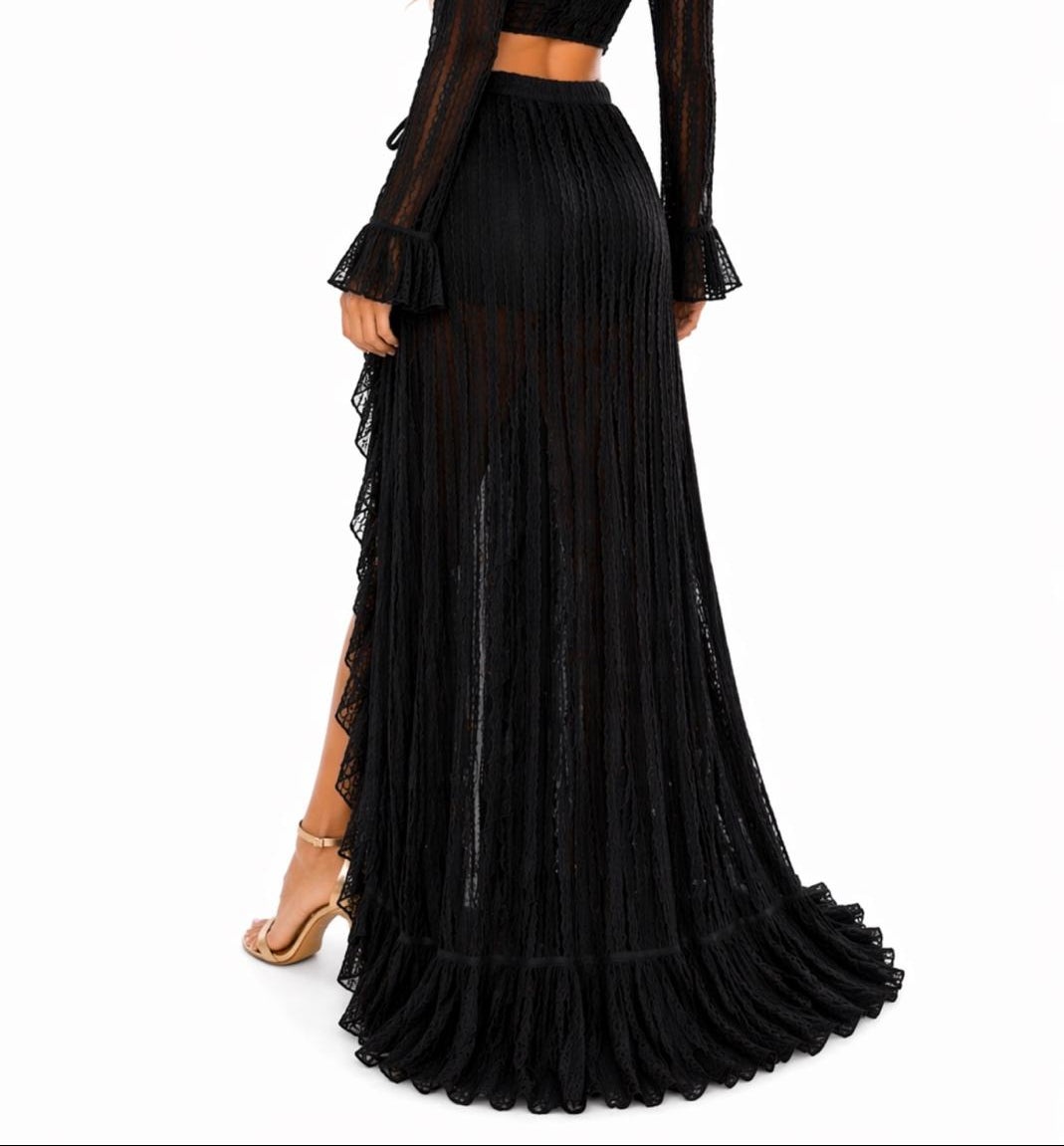 Sun and Salt Lace Wrap Maxi Skirt – Sheer Ruffle High-Slit Cover-Up in White & Black - LMK3992 - Casual Tropical Wear