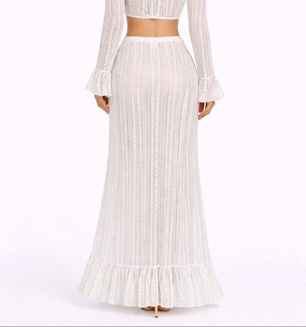 Sun and Salt Lace Wrap Maxi Skirt – Sheer Ruffle High-Slit Cover-Up in White & Black - LMK3992 - Casual Tropical Wear