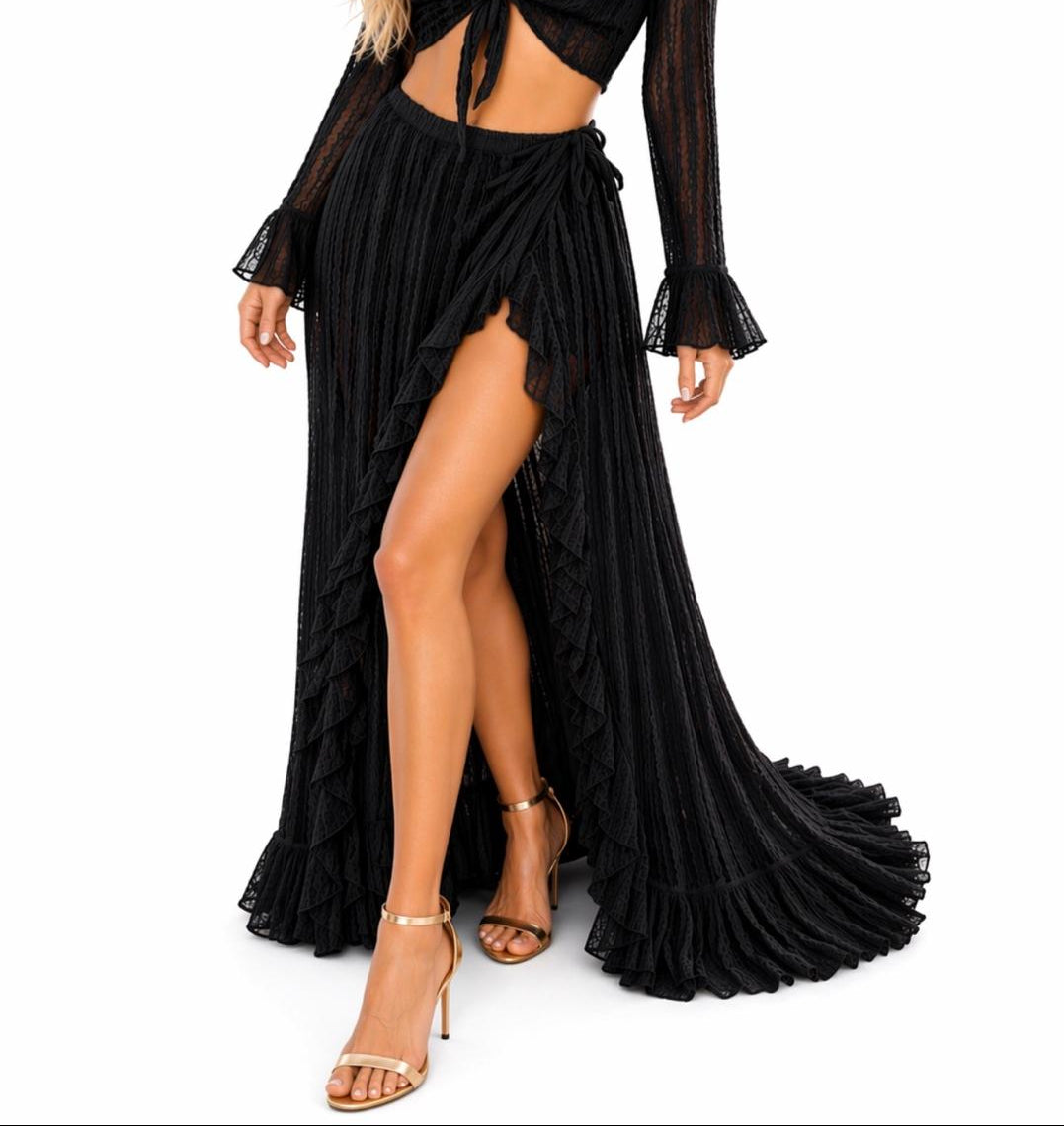 Sun and Salt Lace Wrap Maxi Skirt – Sheer Ruffle High-Slit Cover-Up in White & Black - LMK3992 - Casual Tropical Wear