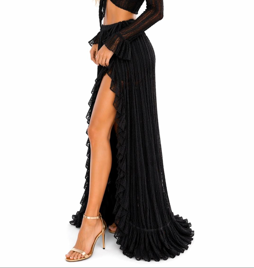 Sun and Salt Lace Wrap Maxi Skirt – Sheer Ruffle High-Slit Cover-Up in White & Black - LMK3992 - Casual Tropical Wear