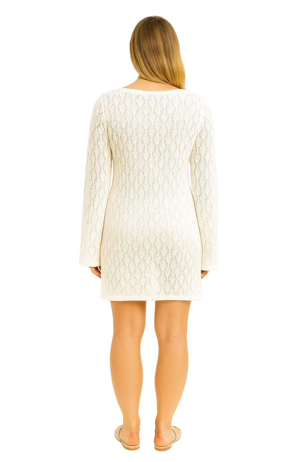 White Crochet Mini Cover-Up Dress – 100% Polyester Long Sleeve | Island Goddess Collection - LPT3914 - Casual Tropical Wear
