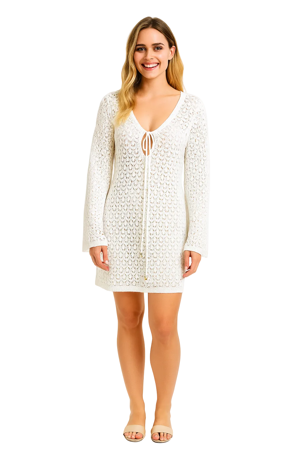 White Crochet Mini Cover-Up Dress – 100% Polyester Long Sleeve | Island Goddess Collection - LPT3914 - Casual Tropical Wear