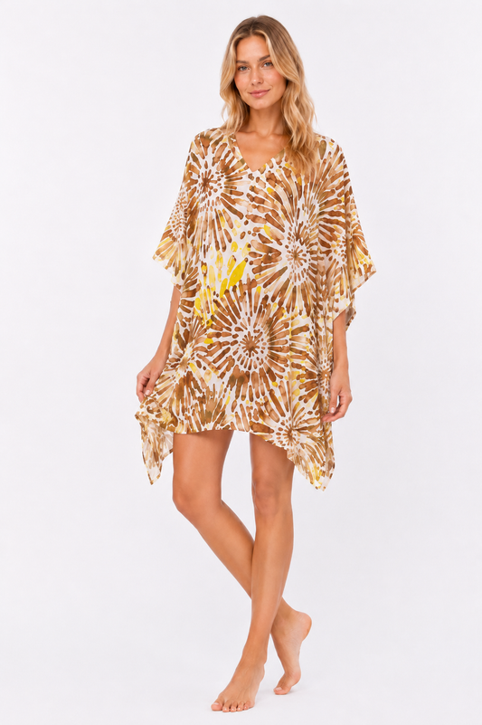 Beach Splash Collection Women's Sheer Kaftan Cover-Up Dress – Tropical Sunburst Print Resort Swim Cover-Up - LPT4015