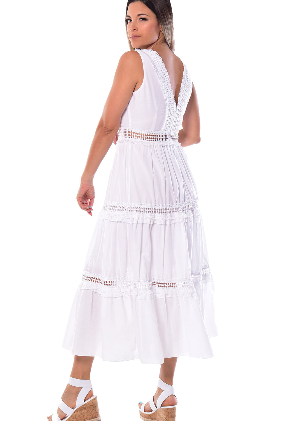 Sleeveless Cotton V-neck Long Dress Lace Detail by Azucar - LRPD950 - Casual Tropical Wear