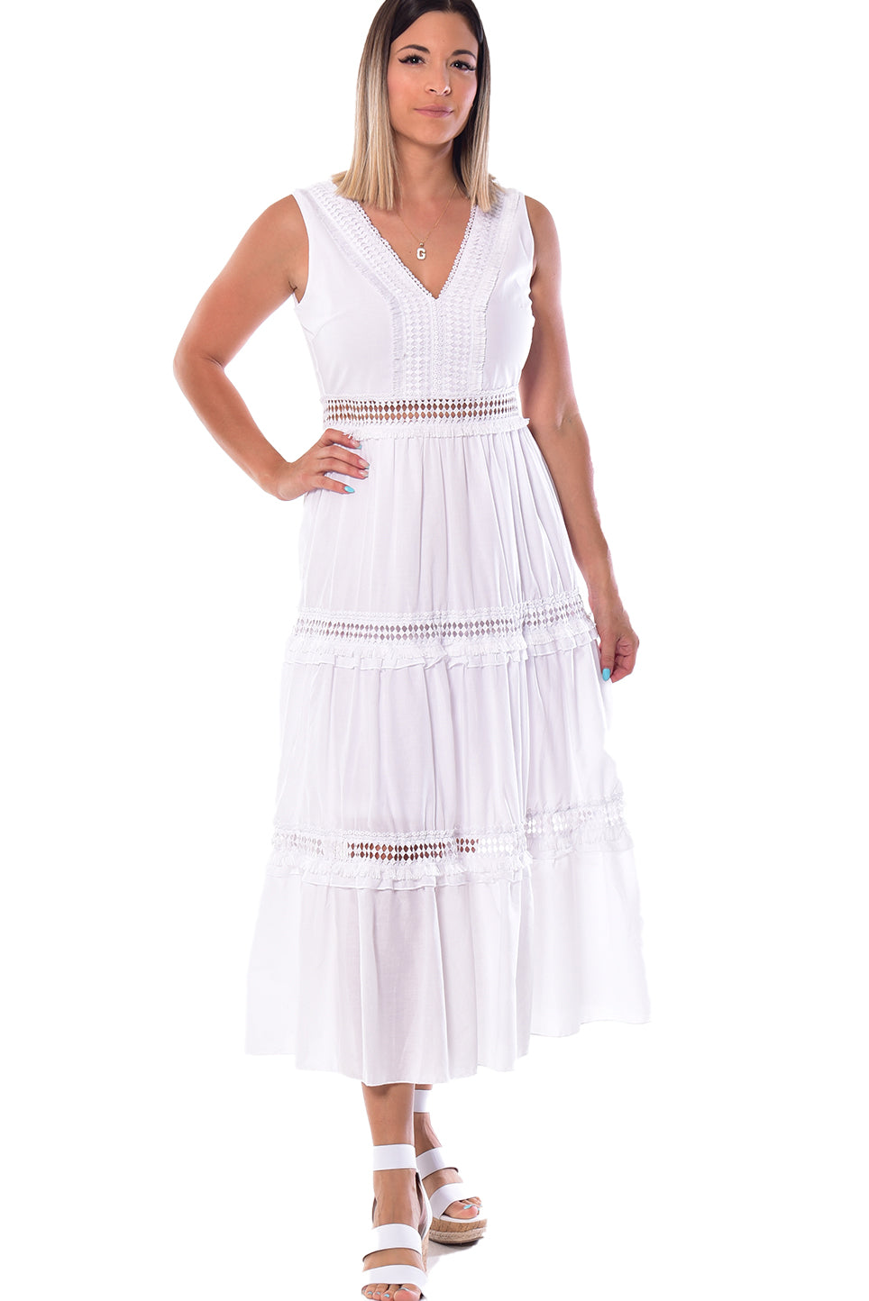 Sleeveless Cotton V-neck Long Dress Lace Detail by Azucar - LRPD950 - Casual Tropical Wear