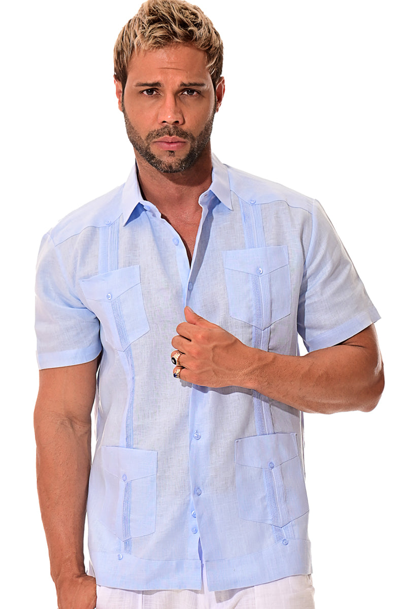 Mens 100% Soft Linen Guayabera S/S Shirt for Men- Traditional 4-Pocket in (5) Colors - LS399 - Casual Tropical Wear