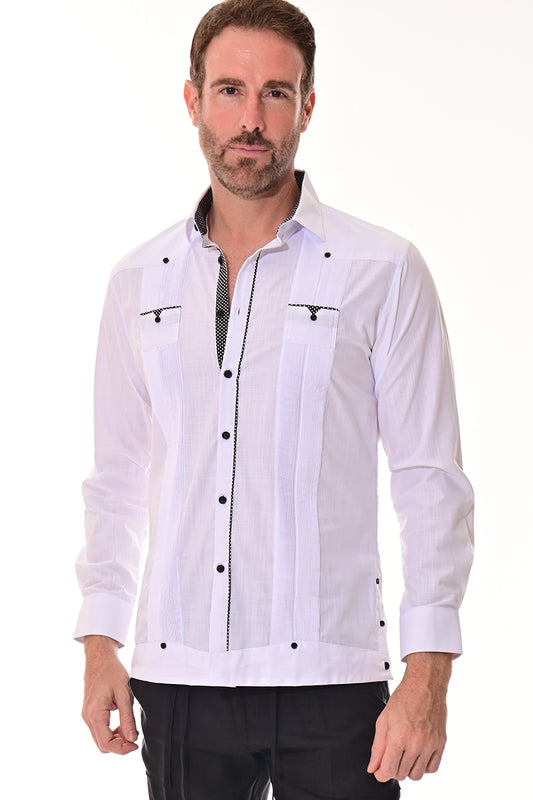 Bohio Men Fancy Cotton White/Black Guayabera Shirt -Chacavana Button Up-MCFG3318 - Casual Tropical Wear