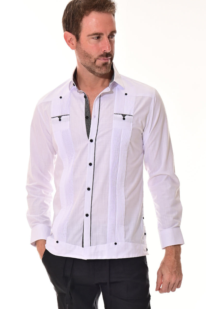 Bohio Men Fancy Cotton White/Black Guayabera Shirt -Chacavana Button Up-MCFG3318 - Casual Tropical Wear