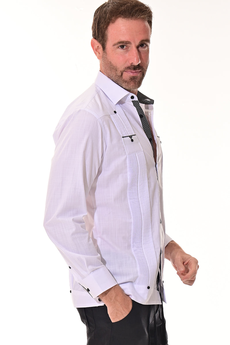Bohio Men Fancy Cotton White/Black Guayabera Shirt -Chacavana Button Up-MCFG3318 - Casual Tropical Wear