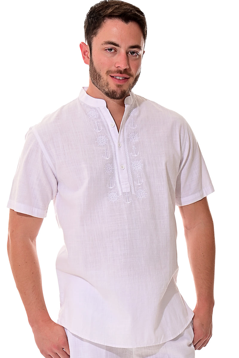 Bohio Mens White Cotton Casual Embroidered Banded Collar Short Sleeve Shirt in Natural- MCS1077 - Casual Tropical Wear