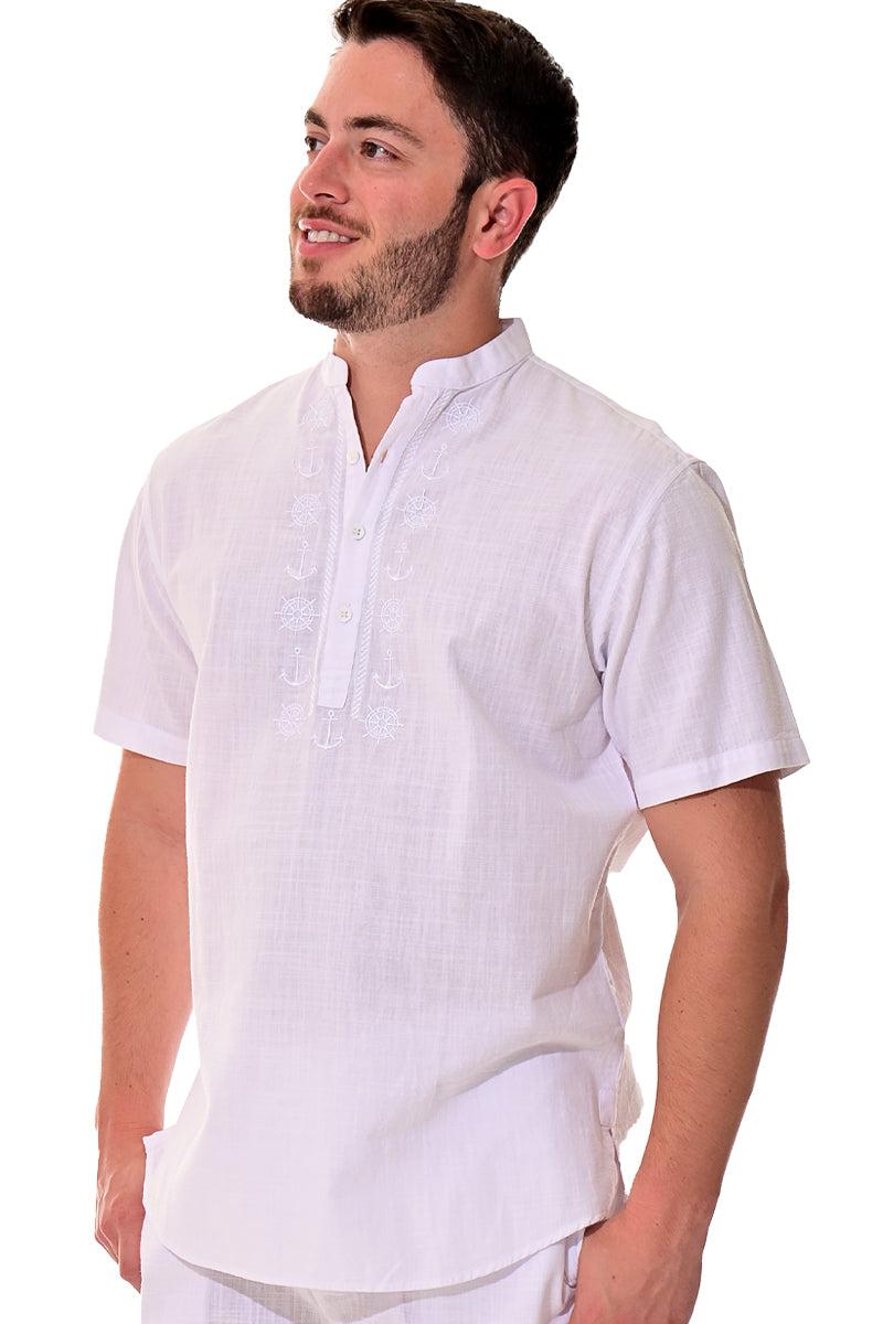 Bohio Mens White Cotton Casual Embroidered Banded Collar Short Sleeve Shirt in Natural- MCS1077 - Casual Tropical Wear