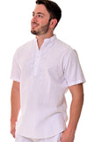 Bohio Mens White Cotton Casual Embroidered Banded Collar Short Sleeve Shirt in Natural- MCS1077