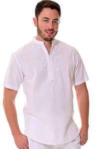 Bohio Mens White Cotton Casual Embroidered Banded Collar Short Sleeve Shirt in Natural- MCS1077