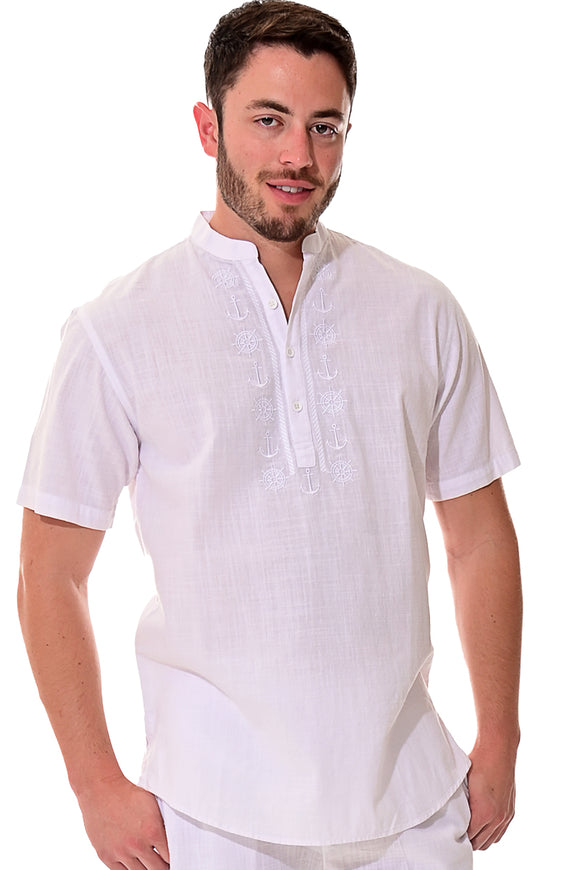 Bohio Mens White Cotton Casual Embroidered Banded Collar Short Sleeve Shirt in Natural- MCS1077