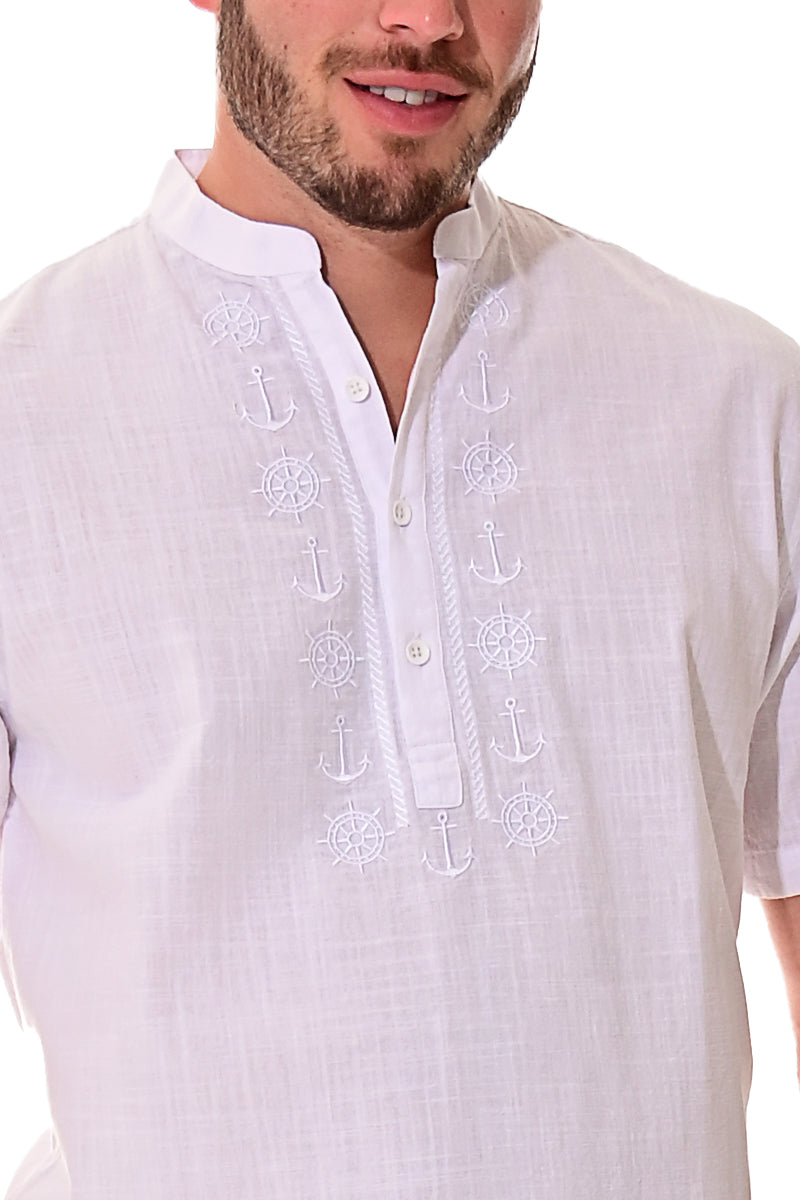 Bohio Mens White Cotton Casual Embroidered Banded Collar Short Sleeve Shirt  in Natural- MCS1077 | Casual Tropical Wear, image size:800x1200