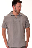 Bohio Mens White Cotton Casual Beach Summer Drawstring Collar Short Sleeve Shirt in Color Gray - MCS1078