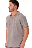 Bohio Mens White Cotton Casual Beach Summer Drawstring Collar Short Sleeve Shirt in Color Gray - MCS1078