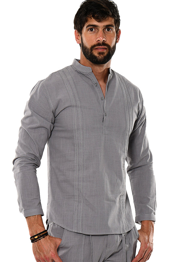 Bohio Men's Cotton Beach Summer Casual Pin-Tuck Banded Collar Long Sleeve Shirt in (3) Colors-MCS1079