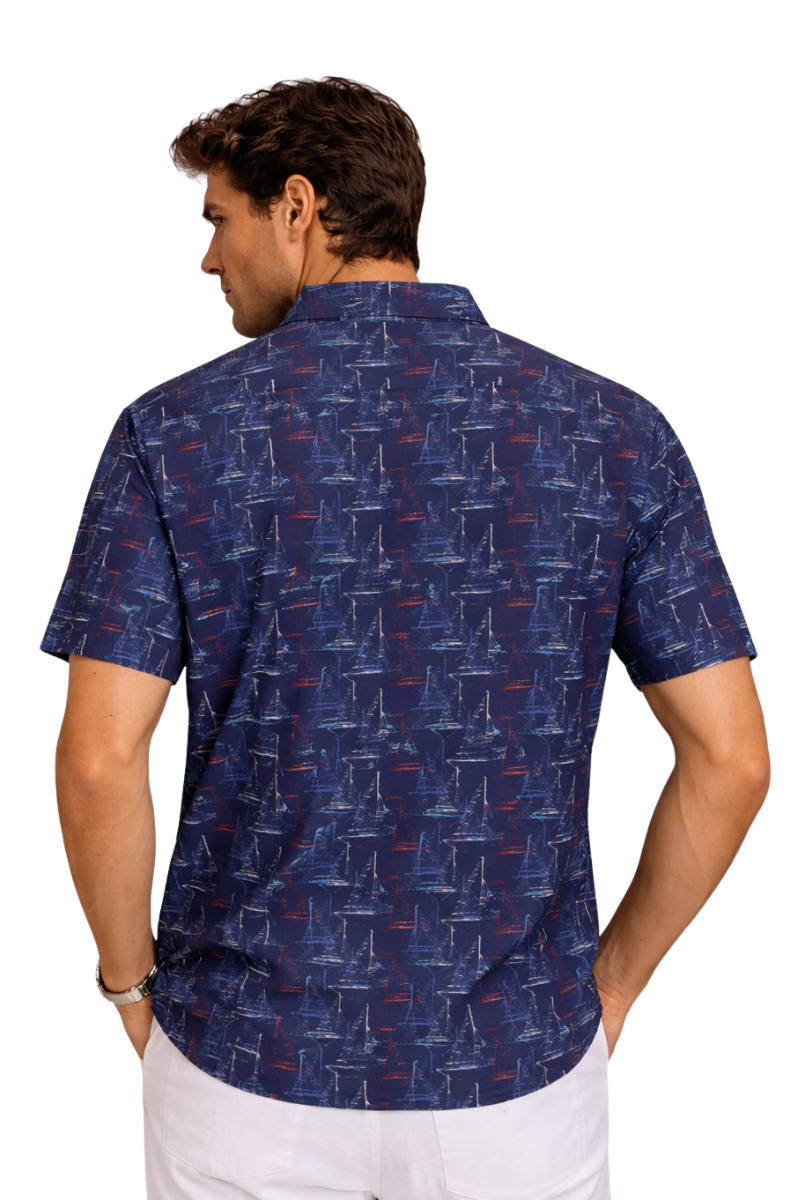 Navy Sailboat Print Fishing Shirt – Salt Water Tide Collection - MCX3843 - Casual Tropical Wear