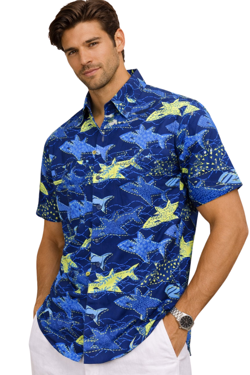 Men’s Blue Shark Print Fishing Shirt – Performance Stretch Short Sleeve | BOHIO - Casual Tropical Wear