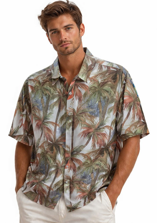 BOHIO Men’s Tropical Palm Print Shirt – Short Sleeve Stretch Resort Shirt - MCX3828 - Casual Tropical Wear