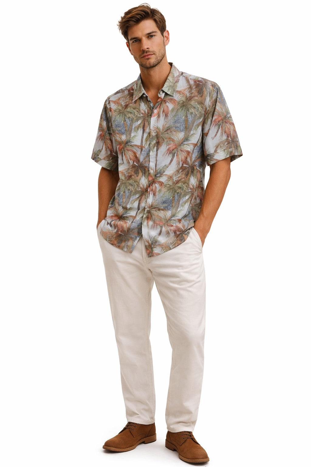 BOHIO Men’s Tropical Palm Print Shirt – Short Sleeve Stretch Resort Shirt - MCX3828 - Casual Tropical Wear