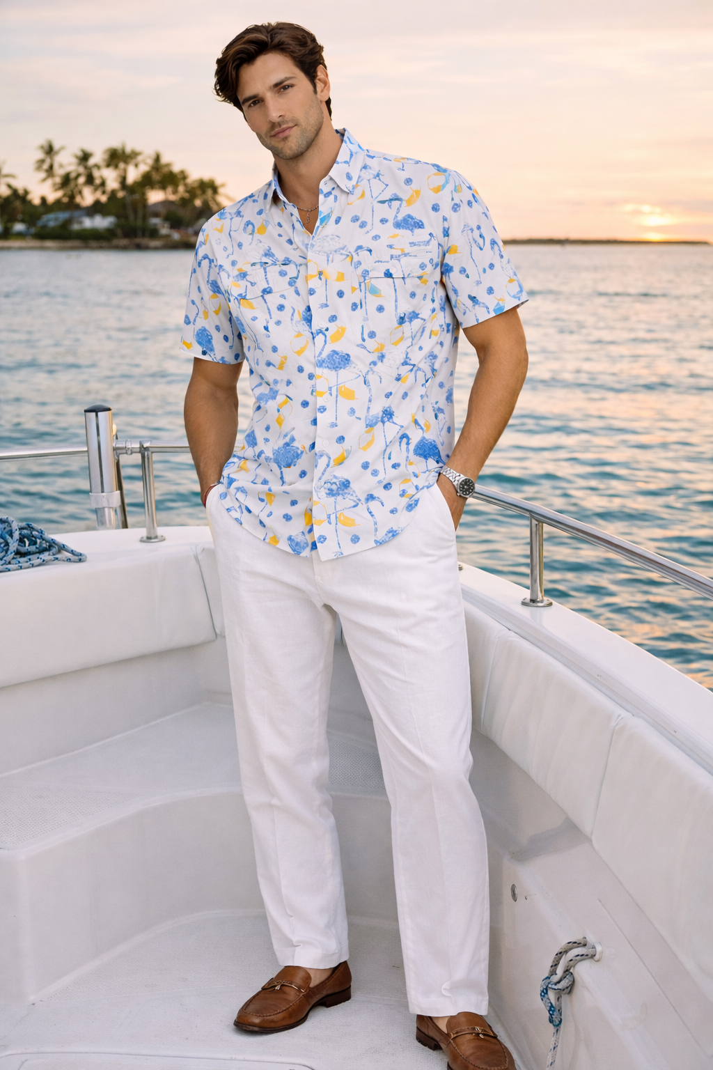 BOHIO Men’s Flamingo Fishing Shirt – Short Sleeve Vented Stretch Performance Shirt - MCX3829 - Casual Tropical Wear