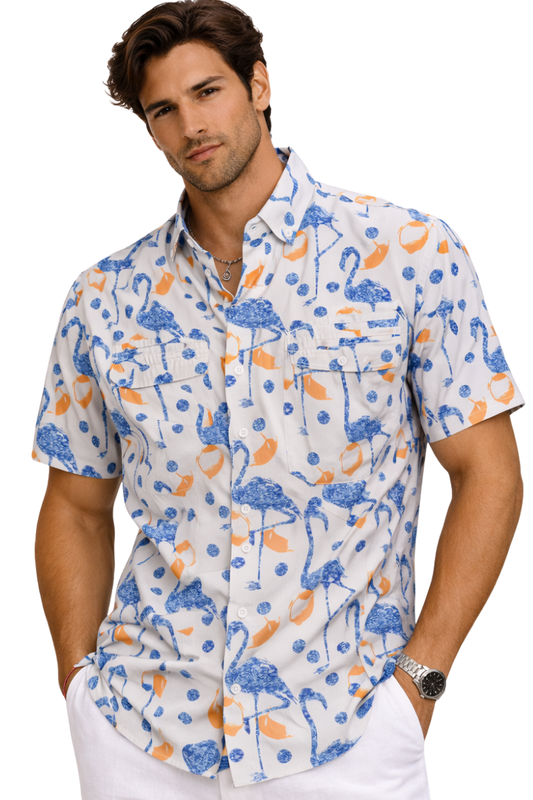 BOHIO Men’s Flamingo Fishing Shirt – Short Sleeve Vented Stretch Performance Shirt - MCX3829 - Casual Tropical Wear