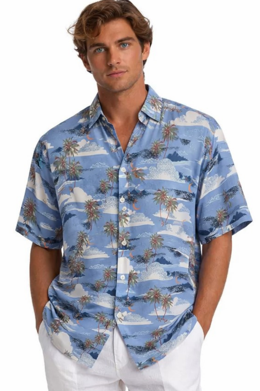 BOHIO Men’s Tropical Island Print Shirt – Short Sleeve Stretch Resort Shirt - MCX3830 - Casual Tropical Wear