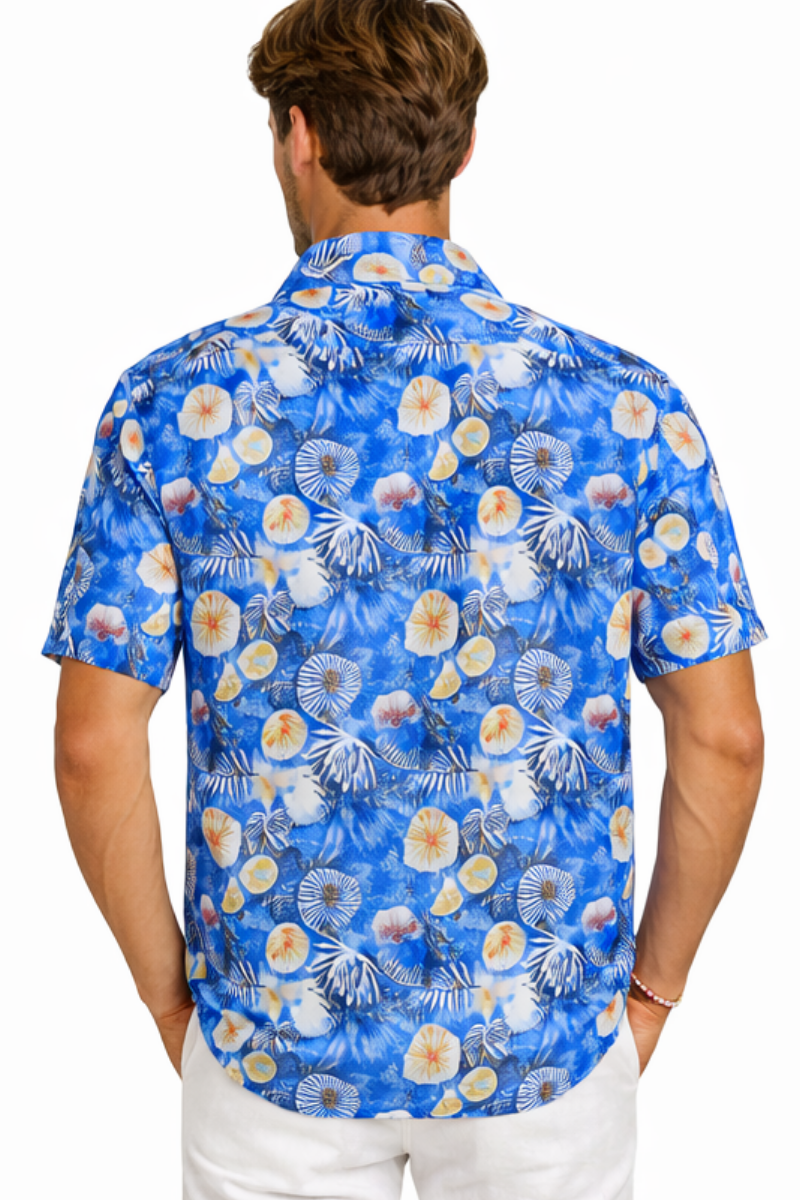 BOHIO Men’s Blue Ocean Print Shirt – Short Sleeve Stretch Resort Shirt - MCX3831 - Casual Tropical Wear