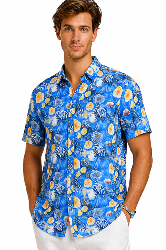BOHIO Men’s Blue Ocean Print Shirt – Short Sleeve Stretch Resort Shirt - MCX3831 - Casual Tropical Wear
