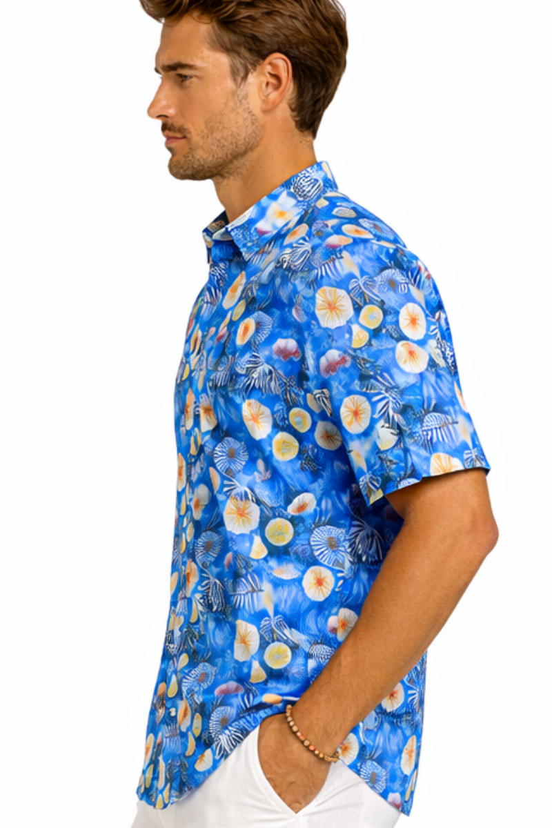 BOHIO Men’s Blue Ocean Print Shirt – Short Sleeve Stretch Resort Shirt - MCX3831 - Casual Tropical Wear