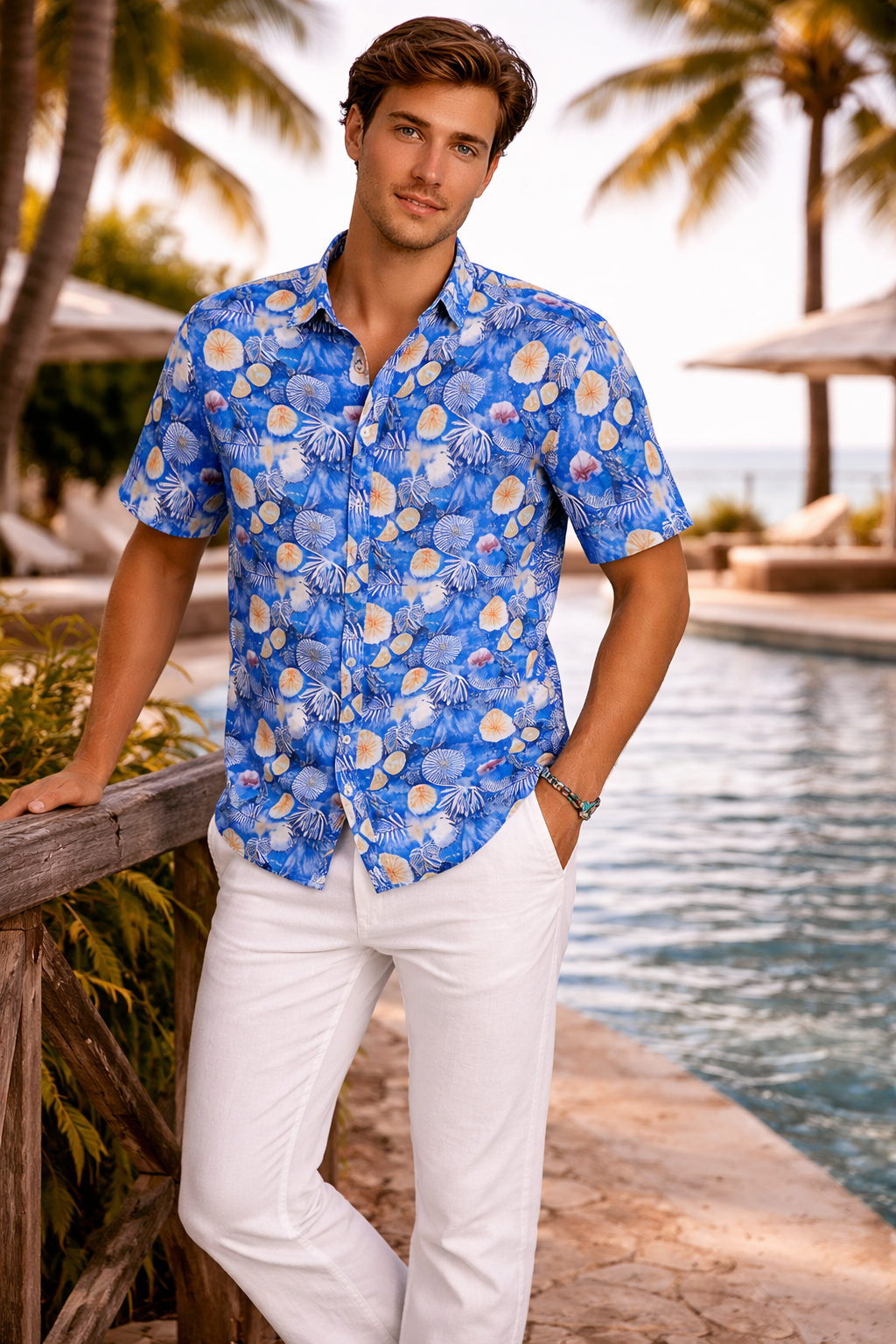 BOHIO Men’s Blue Ocean Print Shirt – Short Sleeve Stretch Resort Shirt - MCX3831 - Casual Tropical Wear