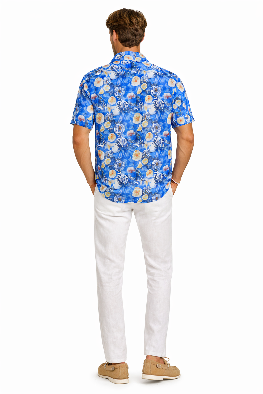 BOHIO Men’s Blue Ocean Print Shirt – Short Sleeve Stretch Resort Shirt - MCX3831 - Casual Tropical Wear