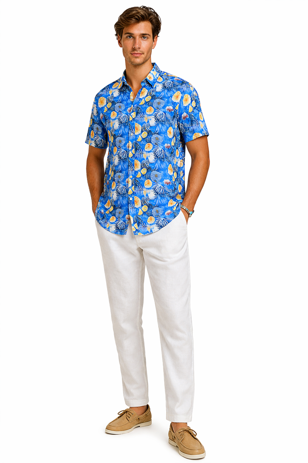 BOHIO Men’s Blue Ocean Print Shirt – Short Sleeve Stretch Resort Shirt - MCX3831 - Casual Tropical Wear