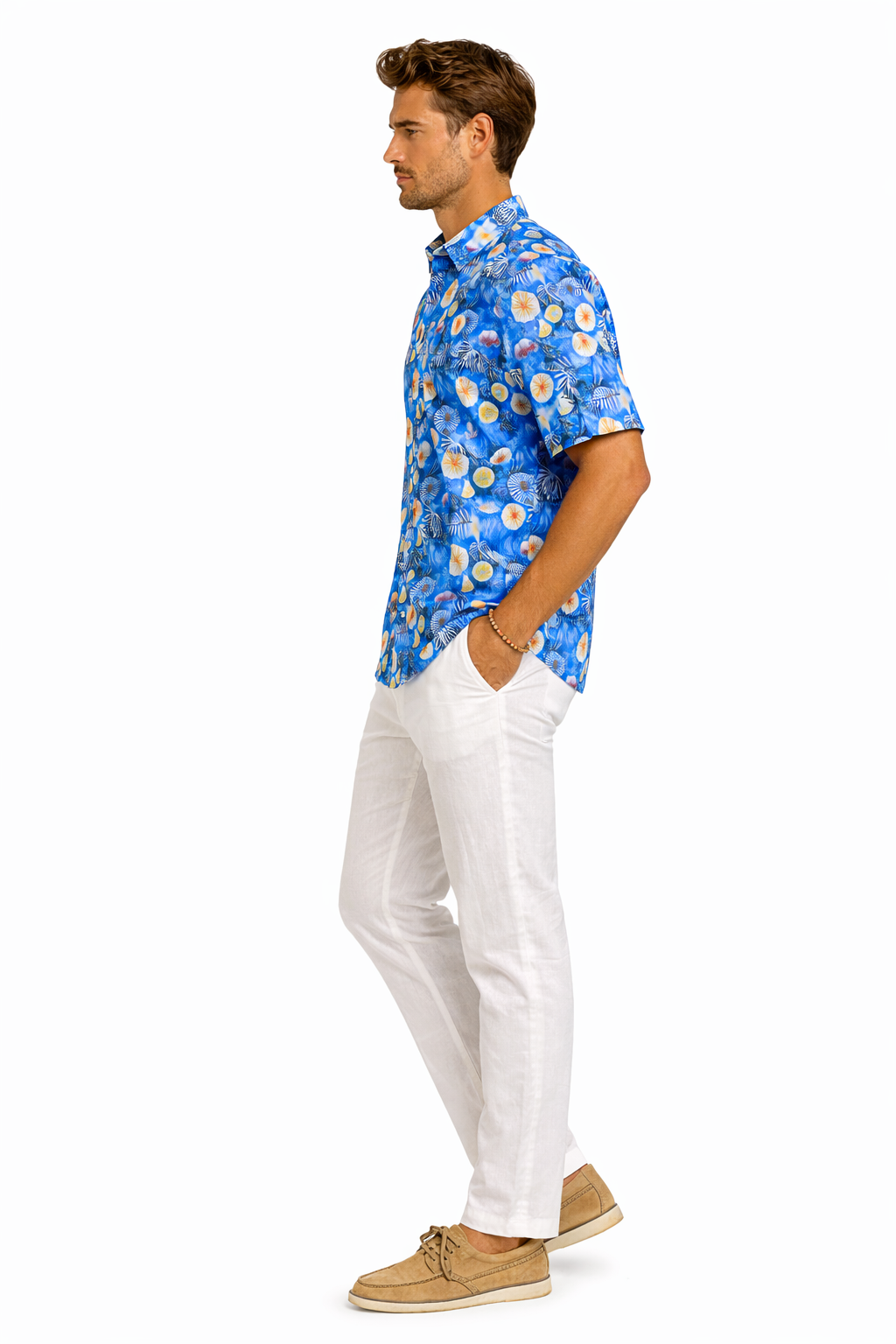 BOHIO Men’s Blue Ocean Print Shirt – Short Sleeve Stretch Resort Shirt - MCX3831 - Casual Tropical Wear