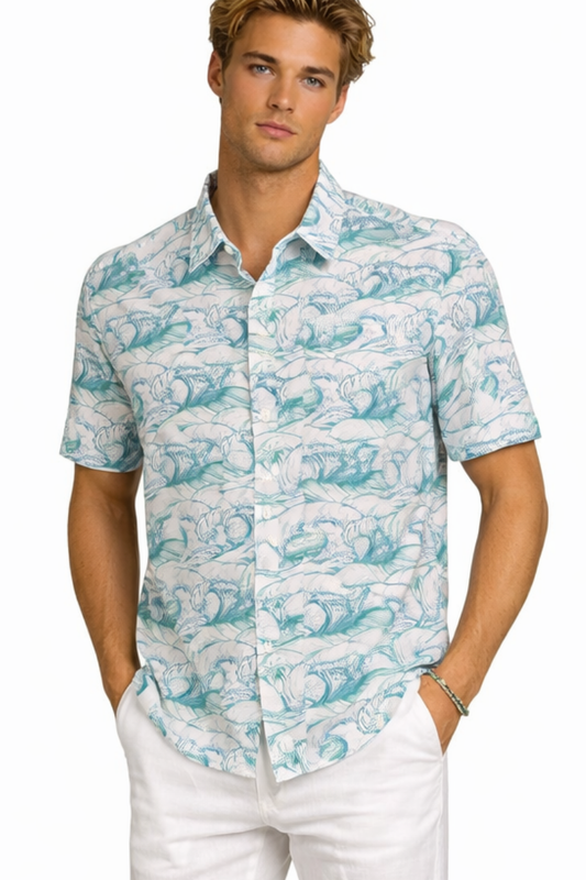 Aqua Reef Print Short Sleeve Shirt – Tropical Tide Collection - MCX3832 - Casual Tropical Wear