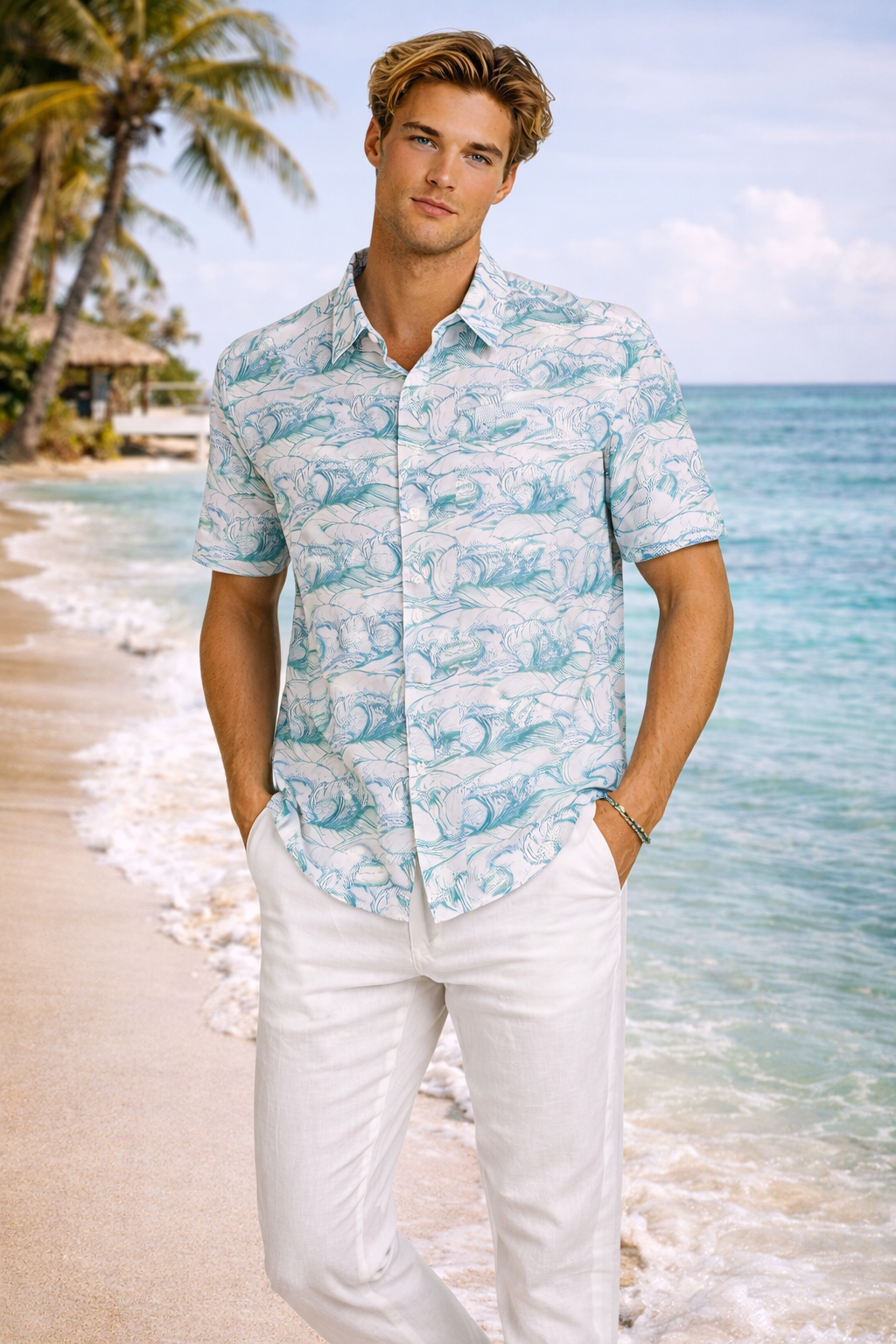 Aqua Reef Print Short Sleeve Shirt – Tropical Tide Collection - MCX3832 - Casual Tropical Wear