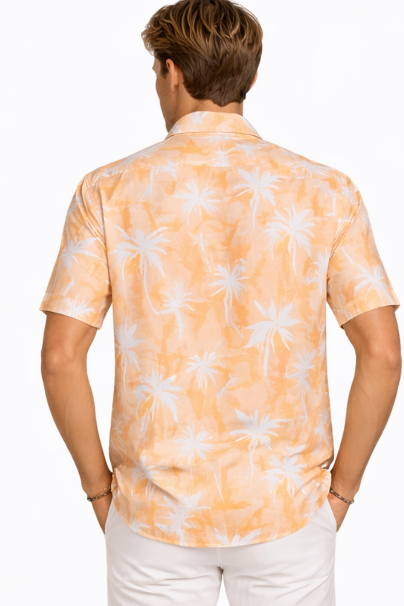 Orange Palm Print Men’s Short Sleeve Shirt | Tropical Tide Collection - MCX3833 - Casual Tropical Wear