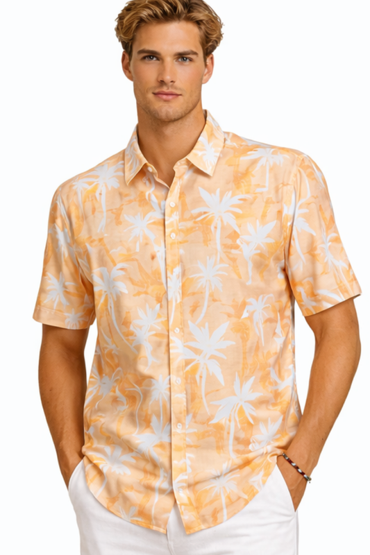Orange Palm Print Men’s Short Sleeve Shirt | Tropical Tide Collection - MCX3833 - Casual Tropical Wear