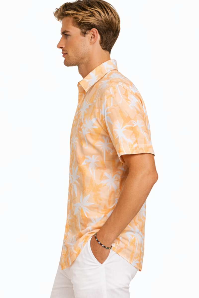 Orange Palm Print Men’s Short Sleeve Shirt | Tropical Tide Collection - MCX3833 - Casual Tropical Wear