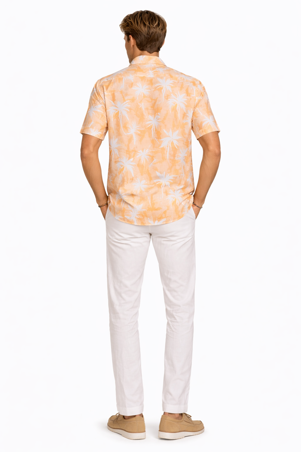 Orange Palm Print Men’s Short Sleeve Shirt | Tropical Tide Collection - MCX3833 - Casual Tropical Wear