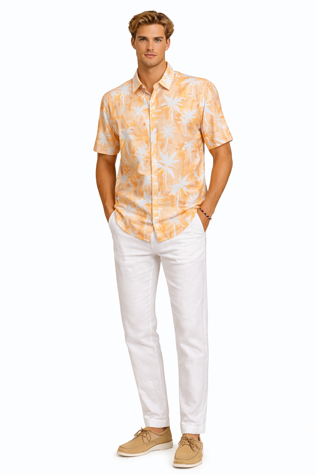 Orange Palm Print Men’s Short Sleeve Shirt | Tropical Tide Collection - MCX3833 - Casual Tropical Wear