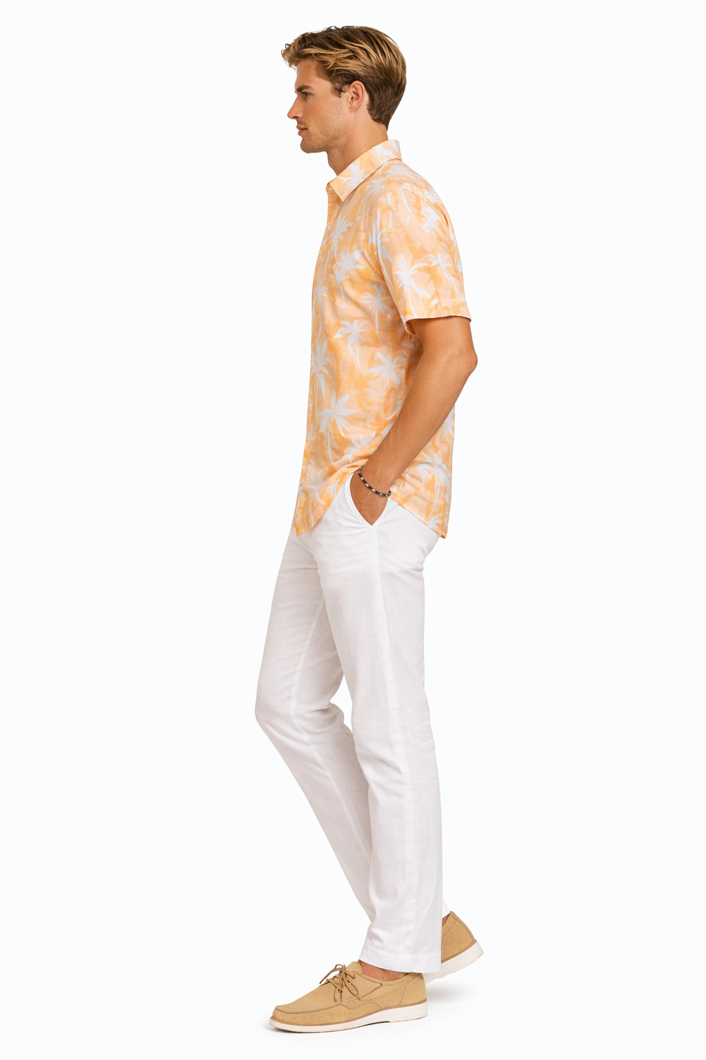 Orange Palm Print Men’s Short Sleeve Shirt | Tropical Tide Collection - MCX3833 - Casual Tropical Wear