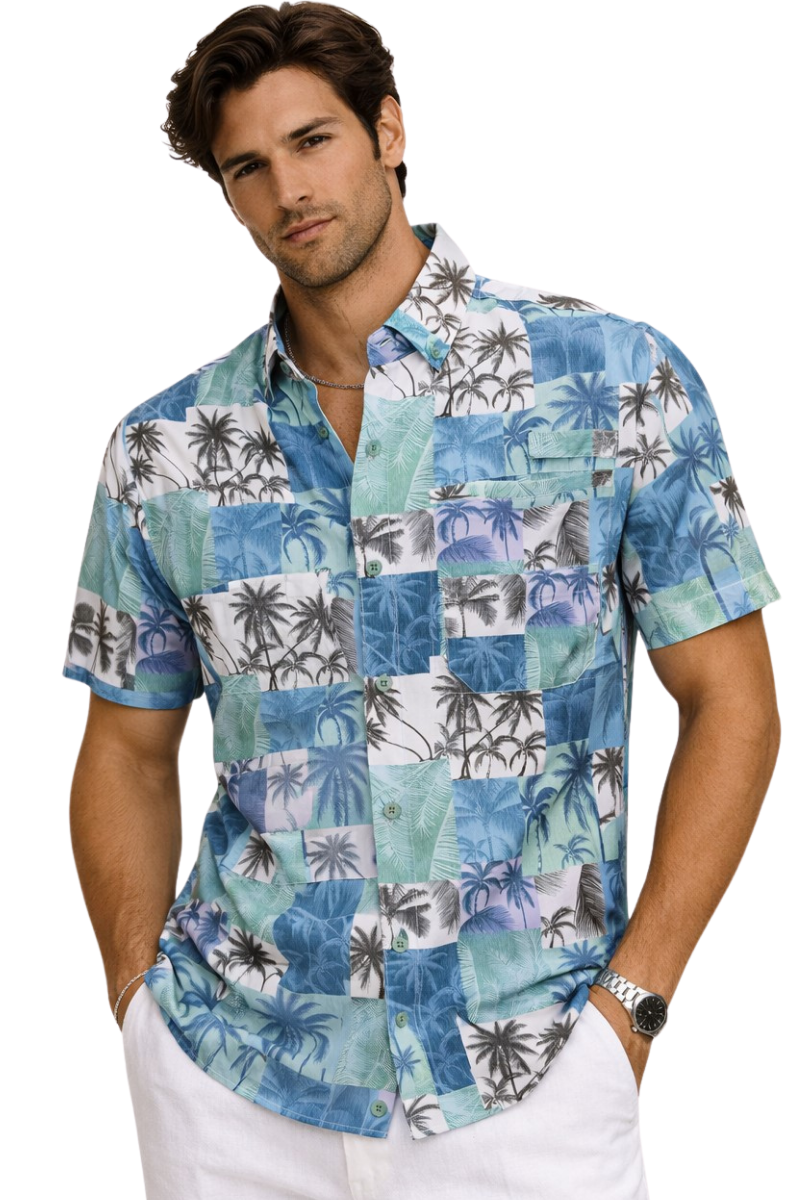 Blue Palm Patchwork Fishing Shirt – Salt Water Tide Collection - MCX3834 - Casual Tropical Wear